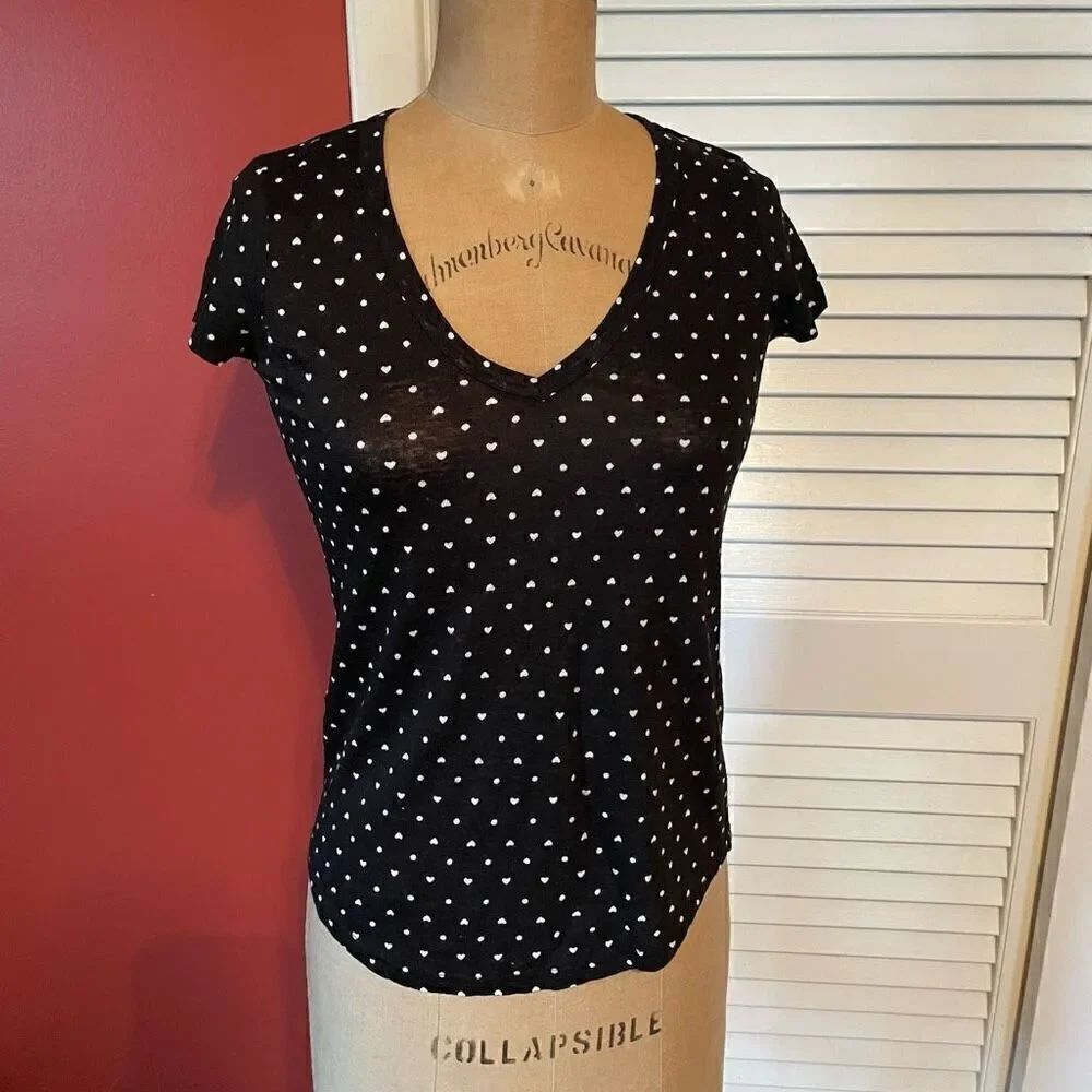 MADEWELL | black & white mini hearts linen v neck t shirt XS